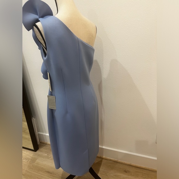 Sleeveless scuba sheath dress with ruffle detail at the shoulder by Eliza J. - Picture 4 of 6